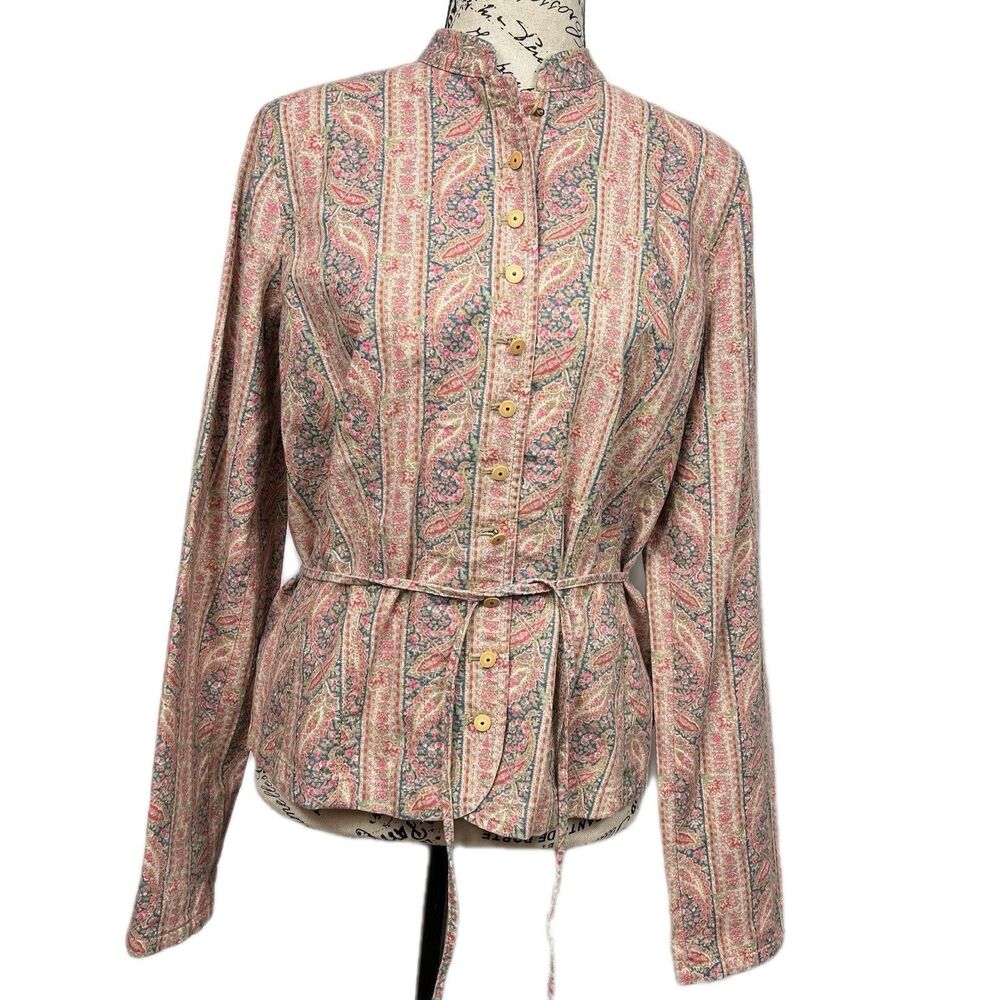 LRL Ralph Lauren Paisley Linen Blend Blouse Tie Waist Peplum Button Front NWT